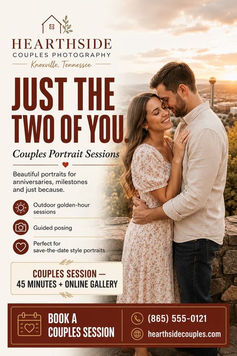 A romantic photography flyer template featuring a large photo of a couple embracing at sunset. The design uses warm cream and deep red tones, with elegant typography advertising couples portrait sessions.