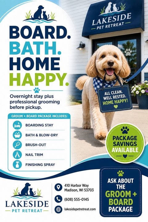Flyer for pet boarding and grooming services featuring a happy dog holding a sign that says 'All clean. Well rested. Home happy!'