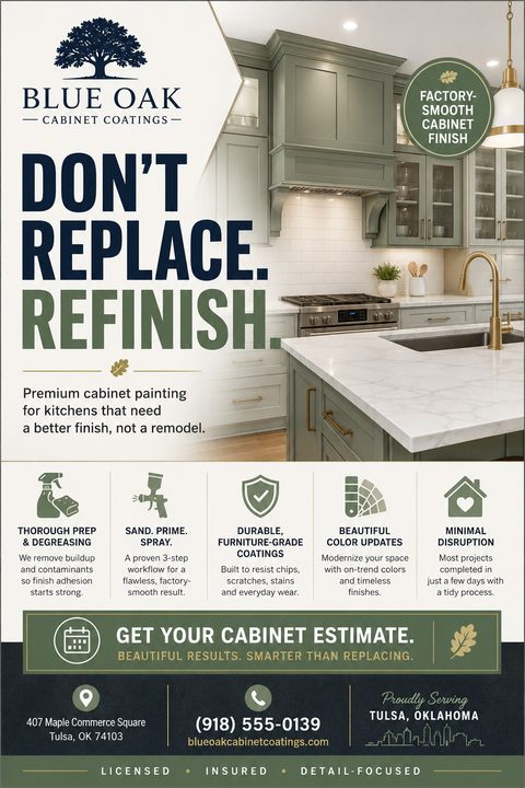 A professional flyer for cabinet refinishing featuring a split layout with a modern kitchen photo on the right. The left side has bold text 'Don't Replace. Refinish.' above service icons and contact details.