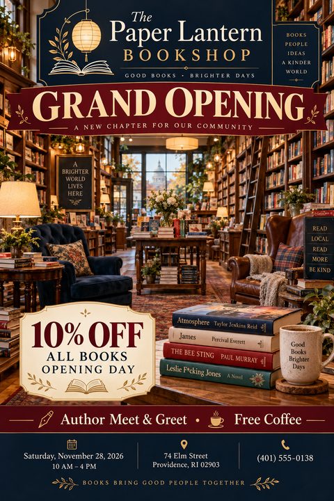 A grand opening flyer featuring a cozy bookstore interior with wooden shelves. Elegant navy blue and burgundy banners with gold text announce a discount and event details.