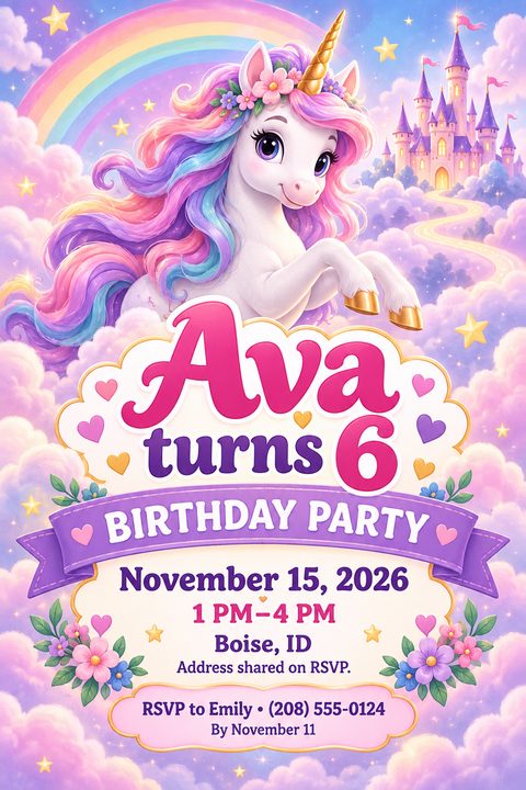 A colorful birthday party flyer featuring a white unicorn with a rainbow mane, a rainbow in the sky, and a pink castle on a cloud. The text reads 'Ava turns 6 Birthday Party' with date, time, and RSVP details.