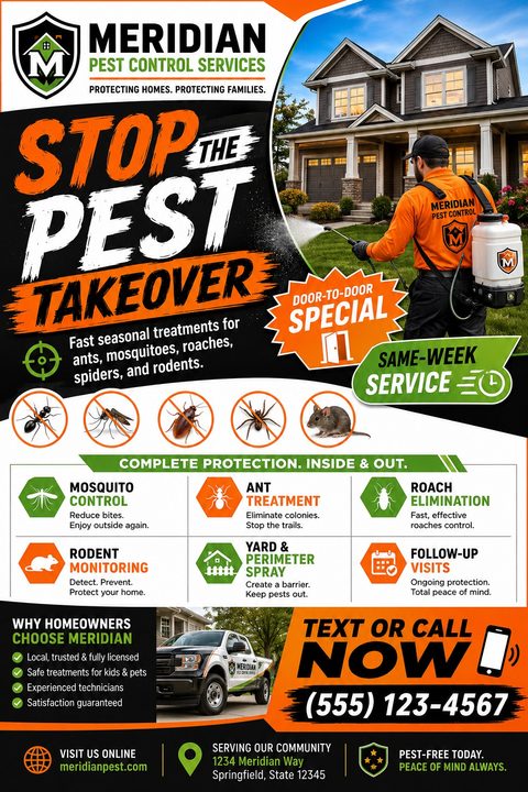 Pest control flyer template with a large 'Stop the Pest Takeover' headline. Features a photo of a technician spraying a lawn, icons of common pests, a list of services, and a prominent call-to-action with a phone number.