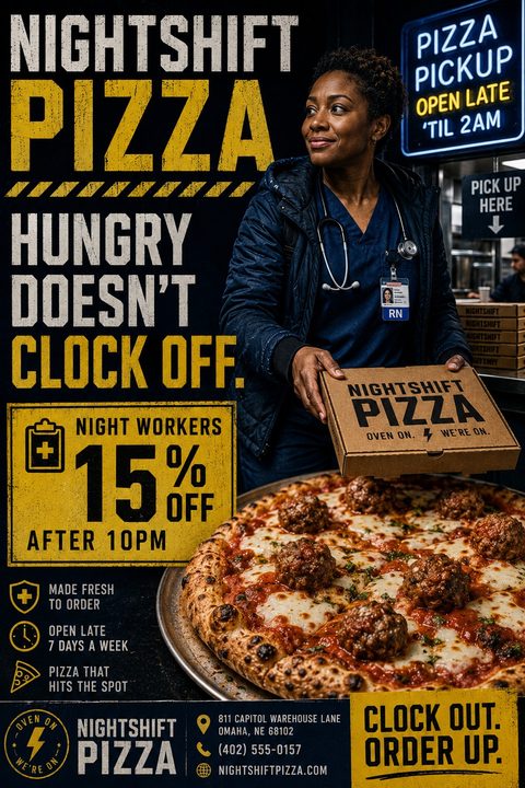 Flyer for Nightshift Pizza offering 15% off for night workers after 10pm. Features a nurse holding a pizza box next to a large, appetizing meatball pizza.