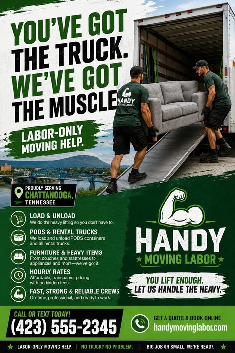 A bold green and black flyer for moving labor services. It features a photo of two men loading a couch into a truck, distressed text, service icons, and a flexing arm logo.