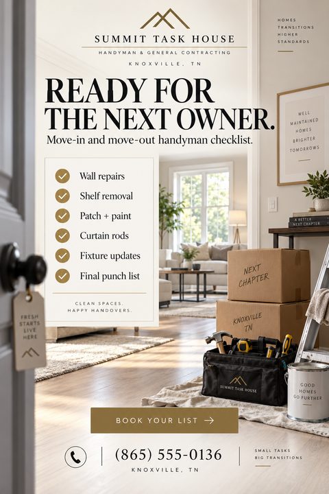 A flyer for Summit Task House Handyman & General Contracting titled 'Ready for the next owner. Move-in and move-out handyman checklist.' showing a living room with moving boxes, a tool bag, and a paint can.