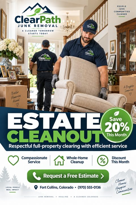 Flyer for ClearPath Junk Removal promoting Estate Cleanout services with a 20% discount. Shows two men in uniform moving an armchair and boxes out of a home.