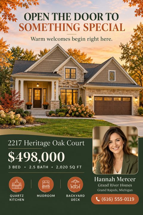 Real estate listing flyer featuring a large photo of a suburban home at sunset. The bottom half is deep green with gold accents, displaying property details, price, icons, and an agent headshot.