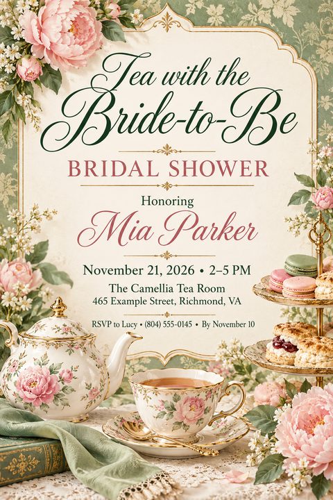 A vintage-style bridal shower invitation featuring a floral teapot, a teacup, and a tiered stand with macarons and scones, surrounded by pink peonies and green foliage.