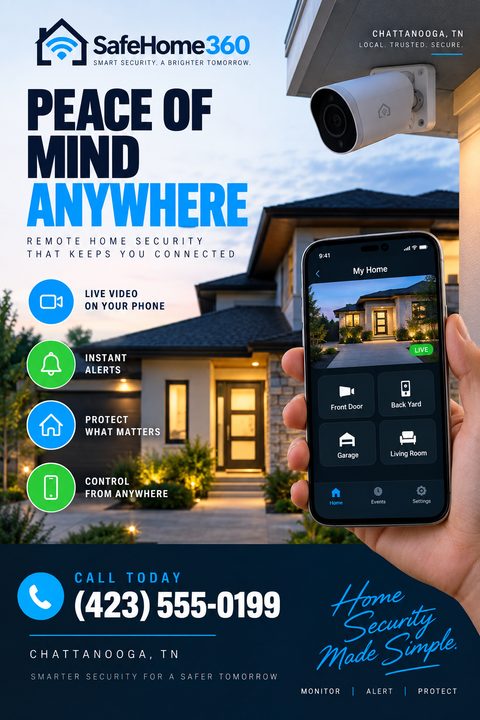 A flyer for a home security company. The background shows a modern house at dusk. A hand holds a smartphone displaying a security app with a live video feed of the house. A security camera is mounted on the eaves. Text reads 'Peace of Mind Anywhere'.