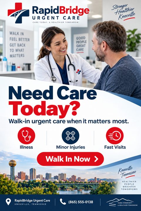 A flyer for an urgent care clinic. The top half shows a smiling female doctor talking to a male patient. The bottom half has a blue and red design with icons for illness, minor injuries, and fast visits, above a photo of a city skyline.