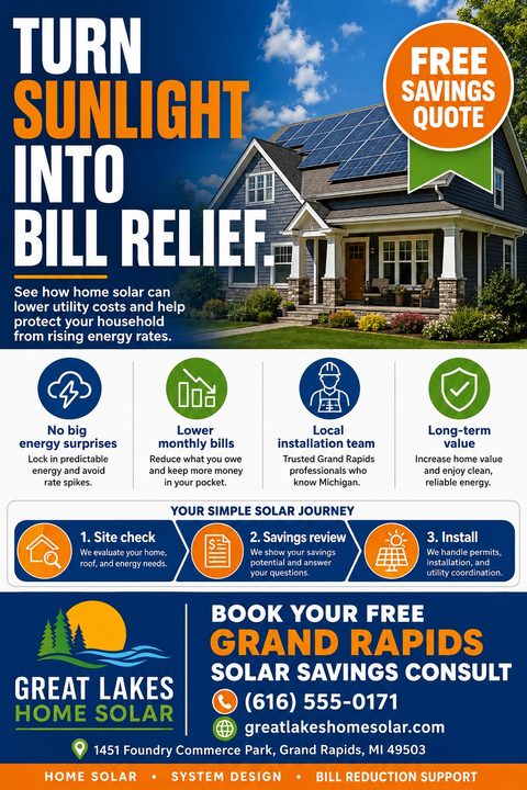 A solar installation flyer featuring a house with solar panels, bold navy and orange text reading 'Turn Sunlight Into Bill Relief', benefit icons, a three-step process, and contact information.