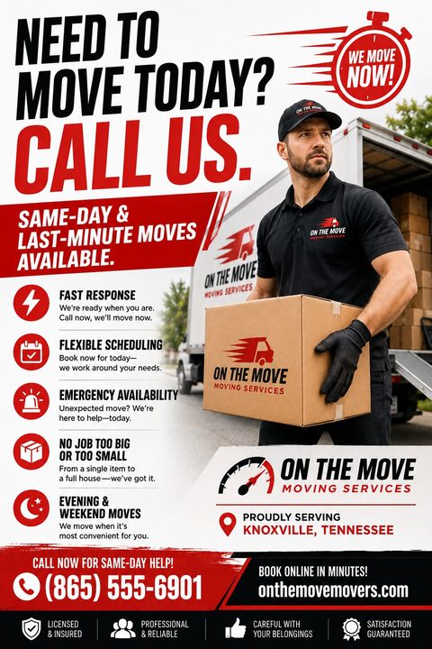 Flyer for moving services with large text 'Need to move today? Call us.' A photo shows a mover carrying a box in front of a moving truck. Icons list services like fast response and flexible scheduling.