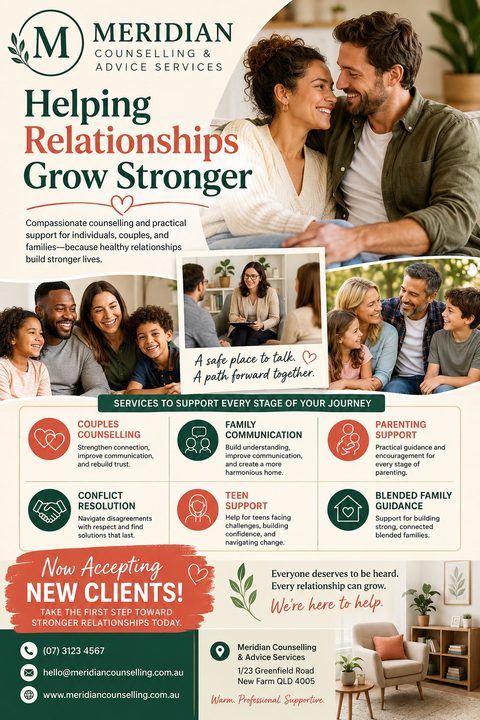 A warm-toned counseling flyer featuring a collage of a happy couple and families. Below, a grid with icons lists services like couples counseling and teen support, ending with contact details on a green banner.