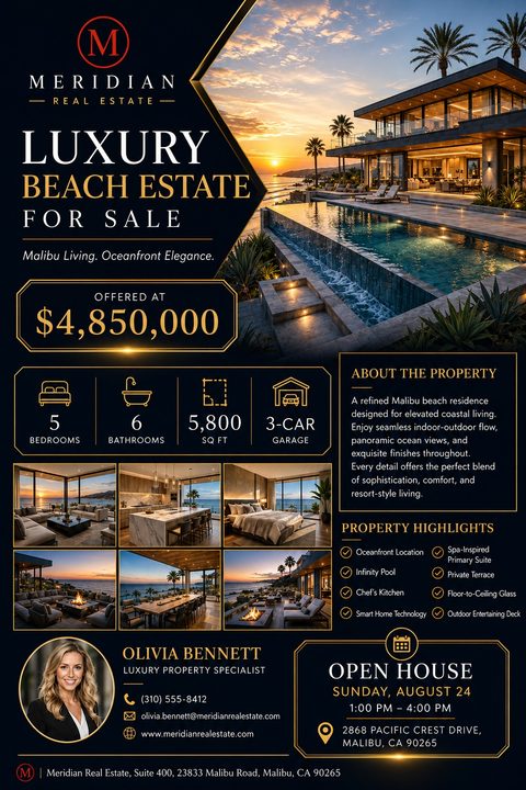 A luxury real estate flyer with a dark navy background and gold accents. It features a large sunset photo of a modern beach house, a six-photo gallery, property details, and agent contact information.