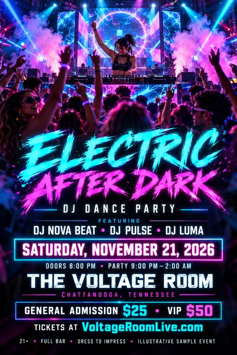 High-energy concert flyer featuring a female DJ performing on stage with laser lights, smoke, and a massive cheering crowd, overlaid with neon cyan and pink brush-stroke text.