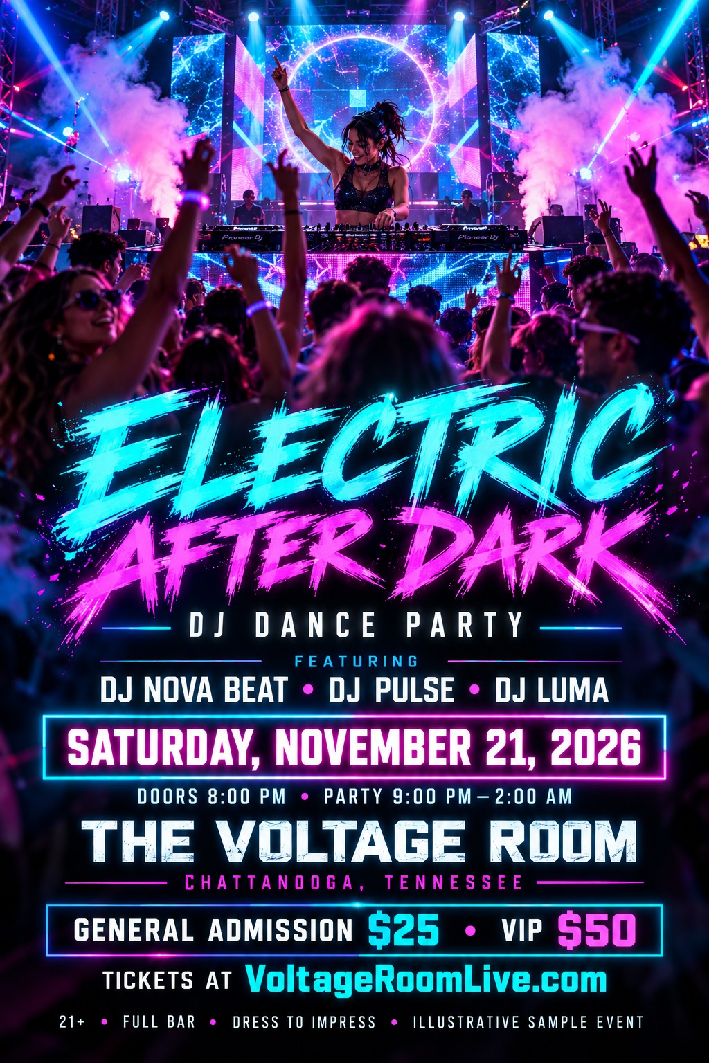 High-energy concert flyer featuring a female DJ performing on stage with laser lights, smoke, and a massive cheering crowd, overlaid with neon cyan and pink brush-stroke text.