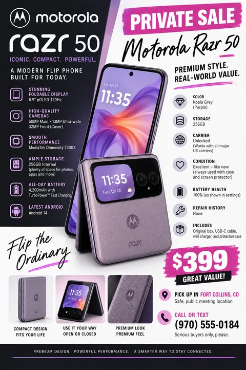 A flyer for a private sale of a Motorola Razr 50 smartphone. The flyer features multiple images of the phone, detailed specifications, condition information, price, and contact details.