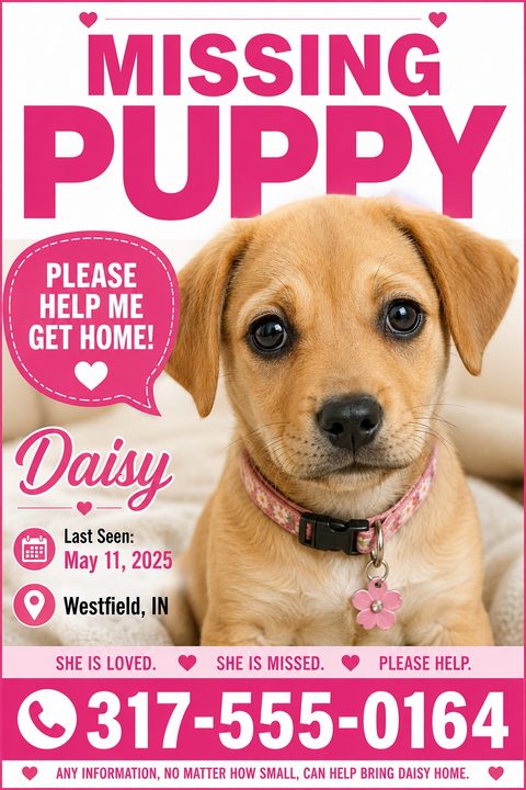 Missing puppy flyer with a large photo of a tan puppy wearing a pink collar. Large pink text reads 'MISSING PUPPY'. A speech bubble says 'PLEASE HELP ME GET HOME!'. Includes the name Daisy, last seen date, location, and a large phone number at the.