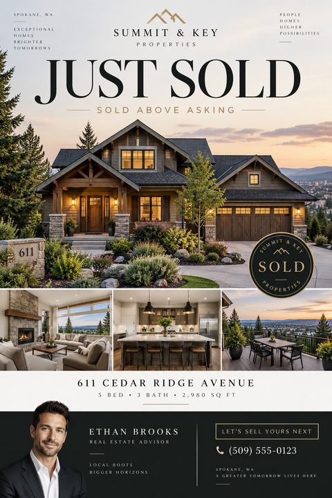 Real estate flyer with "Just Sold" headline, a large twilight photo of a craftsman home, three smaller interior and exterior photos, and a black section with an agent portrait and contact details.