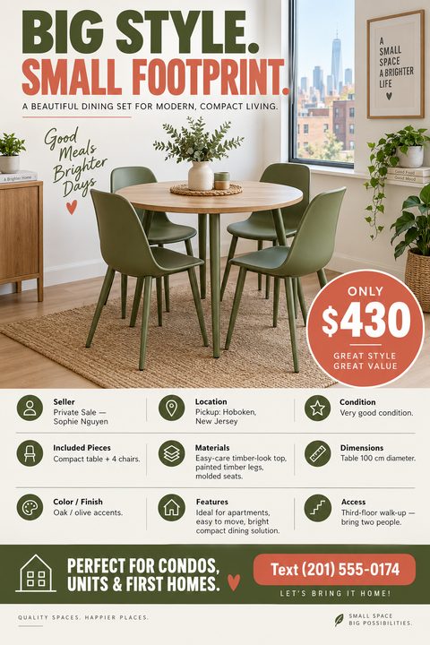 A modern furniture for sale flyer featuring a large photo of a dining set, a bold red price circle, and a detailed grid with icons for specifications like location, condition, and dimensions.