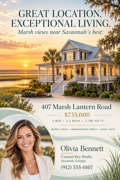 A real estate flyer featuring a large photo of a coastal home at sunset, elegant dark green text with gold accents, and a circular agent headshot at the bottom.