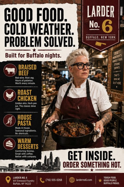 A rustic restaurant flyer featuring a chef holding a pot of food, torn paper textures, a dark sidebar with menu items and icons, and bold typography against a brick background.