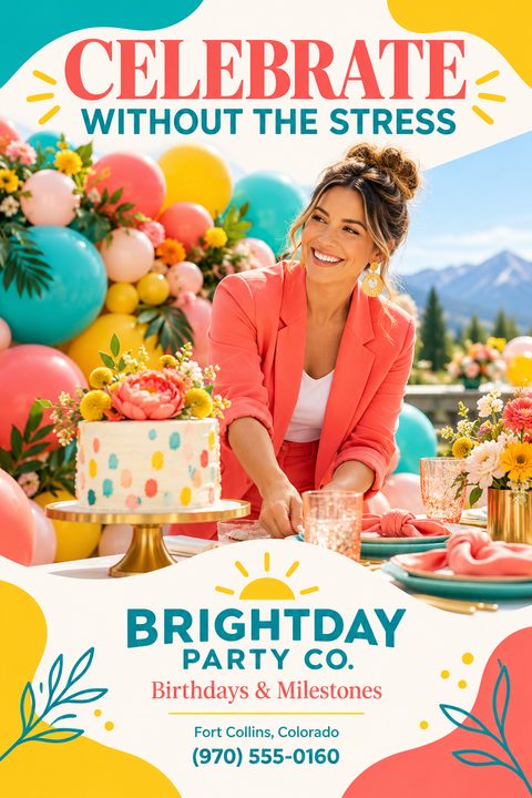 A cheerful flyer template for a party company featuring wavy teal, yellow, and coral borders. The central photo shows a smiling woman setting up an outdoor party table with a cake and balloons.