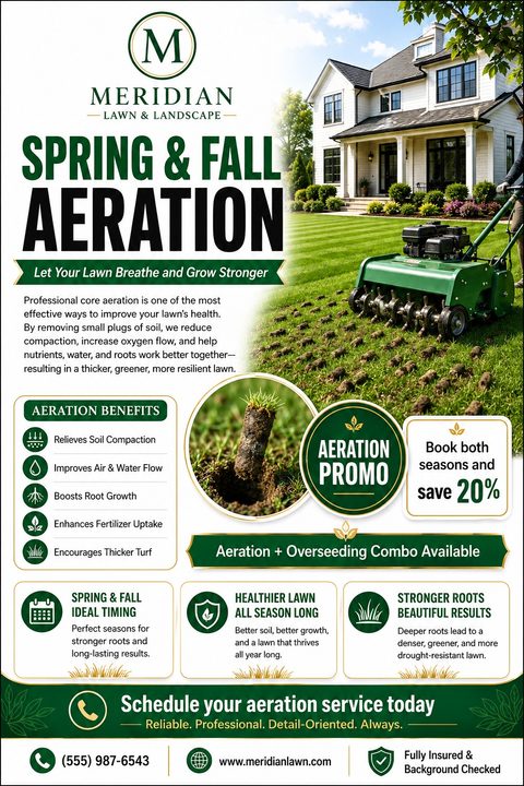 A professional lawn care flyer featuring a green and gold color scheme. It includes a large photo of a core aerator machine on a lawn, benefit icons, and a promotional discount badge.