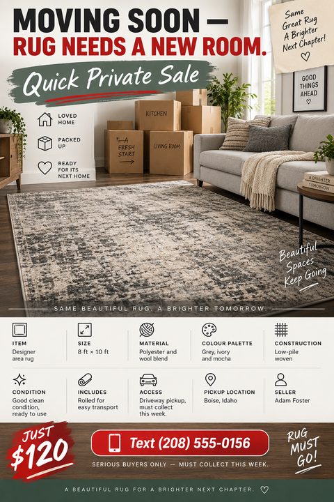 A moving sale flyer for an area rug featuring a large photo of a living room with moving boxes, a grid of specification icons, bold pricing, and contact information.