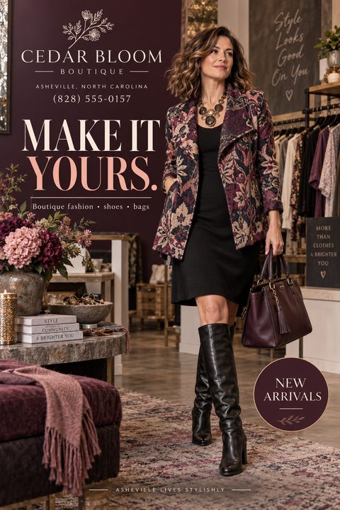 A fashion boutique flyer with a deep plum background panel on the left. A woman in a floral jacket and boots stands in a boutique. Text reads Make it yours and New Arrivals.