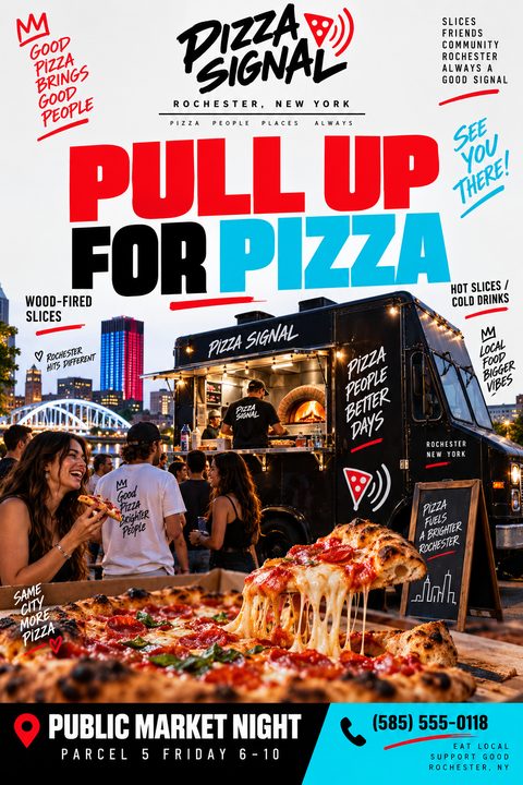 A vibrant food truck flyer featuring bold red and blue text over a photo of a black pizza truck, a cheesy pepperoni pizza, and a city skyline.