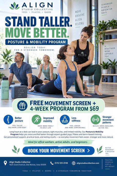 Flyer for a Posture & Mobility Program at a yoga studio. Features a photo of an instructor assisting a student in a yoga pose, with text highlighting benefits like better posture and improved mobility.