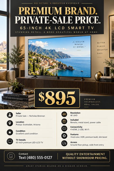 A flyer for a private sale of a 65-inch 4K LCD Smart TV. The design is premium with black, gold, and cream colors. It features a large photo of the TV in a living room, a prominent price tag of $895, and detailed sections for seller info, location.