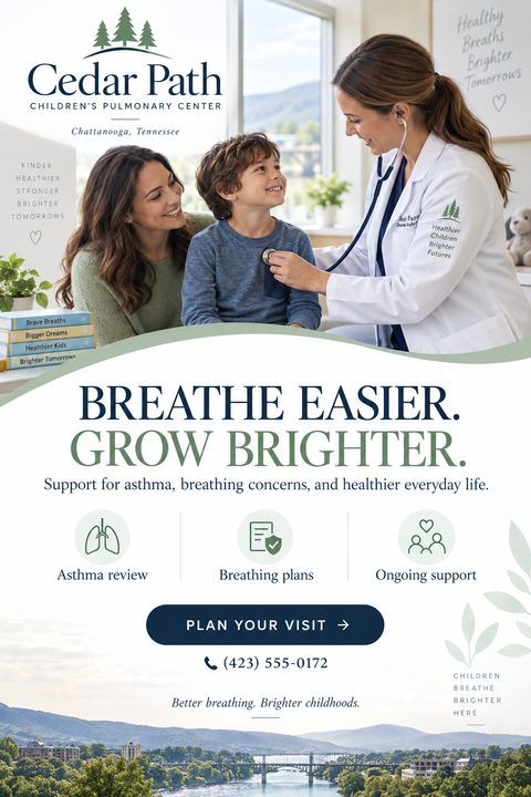 Flyer template for a children's medical center. Top half shows a female doctor examining a smiling young boy with a stethoscope while his mother watches. Bottom half has a white background with wavy green borders, text 'Breathe Easier. Grow.