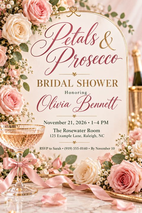 A bridal shower invitation flyer with a background of soft pink roses and a glass of prosecco with a pink ribbon. The text reads 'Petals & Prosecco Bridal Shower Honoring Olivia Bennett' with event details below.