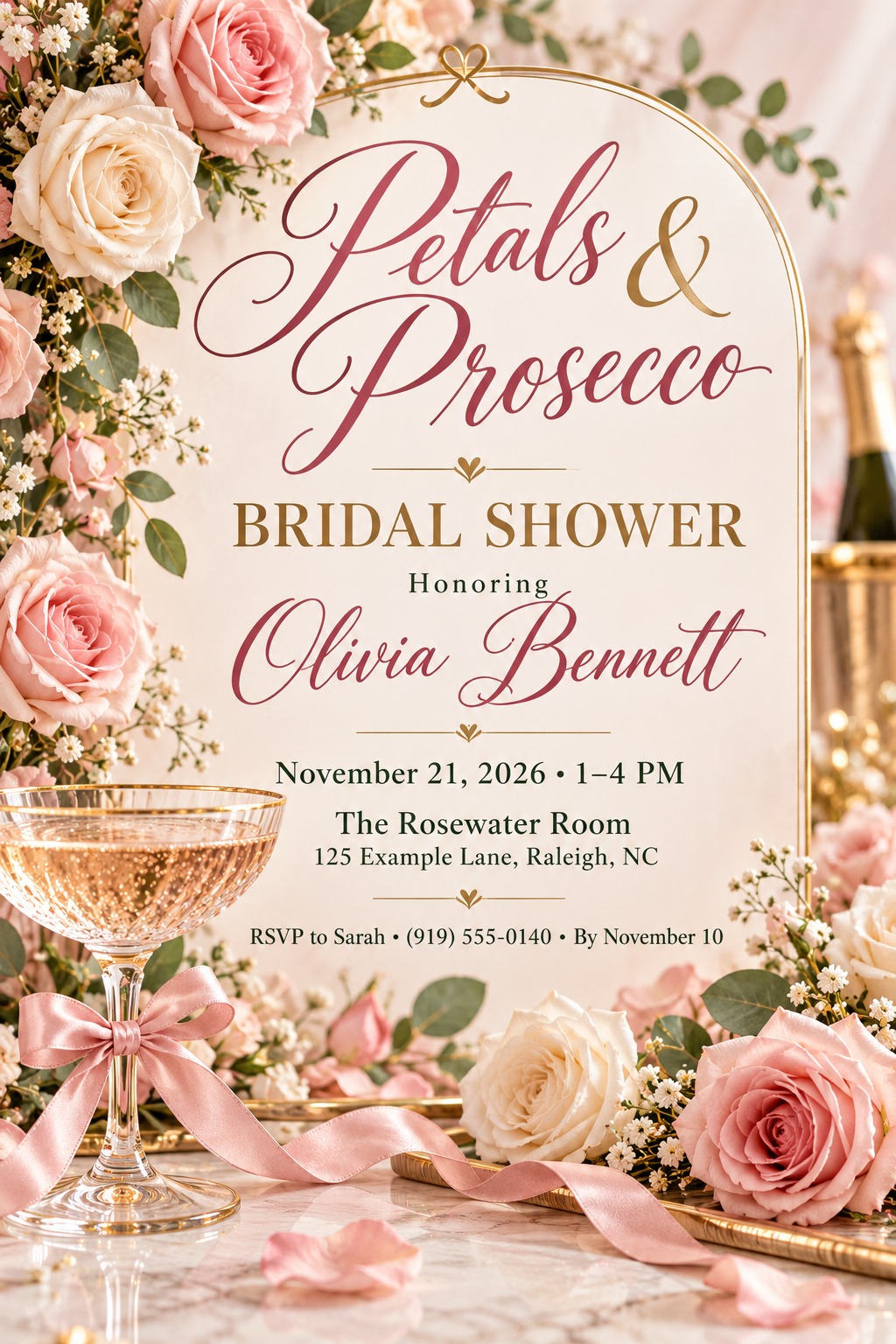 A bridal shower invitation flyer with a background of soft pink roses and a glass of prosecco with a pink ribbon. The text reads 'Petals & Prosecco Bridal Shower Honoring Olivia Bennett' with event details below.