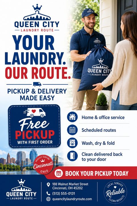 A laundry service flyer with a blue and red color scheme. It features a photo of a delivery driver handing a blue laundry bag to a customer, service icons, and a free pickup offer.