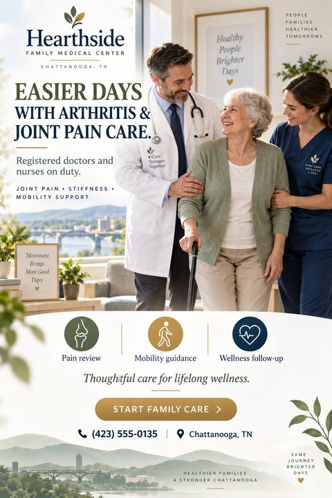 Flyer for a medical center showing a doctor and nurse helping an elderly woman with a cane. Text reads 'Easier days with arthritis & joint pain care.' Includes icons for pain review, mobility guidance, and wellness follow-up.