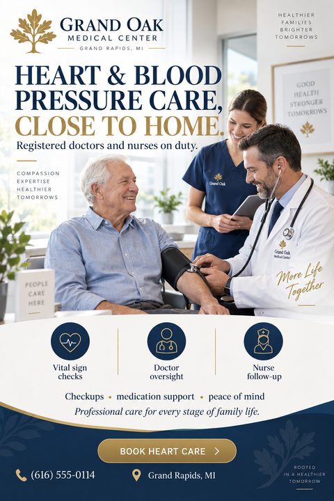 A medical clinic flyer featuring a doctor checking an elderly man's blood pressure while a nurse smiles. The design uses navy blue and gold text, with three icons highlighting clinic services.