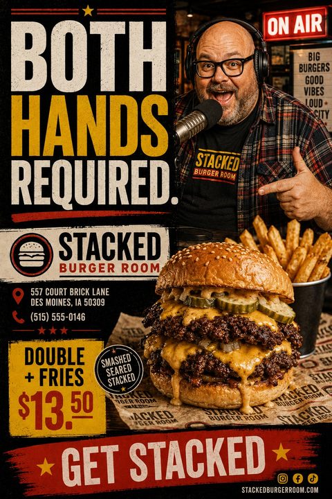 A grunge-style burger joint flyer featuring a massive double cheeseburger, fries, and a man with a microphone. Bold distressed text reads 'Both Hands Required' and advertises a combo.