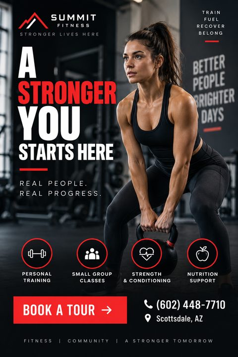 A fitness flyer with a dark background featuring a woman lifting a kettlebell. Bold text reads 'A Stronger You Starts Here'. Icons highlight personal training, small group classes, strength & conditioning, and nutrition support. A red button says.