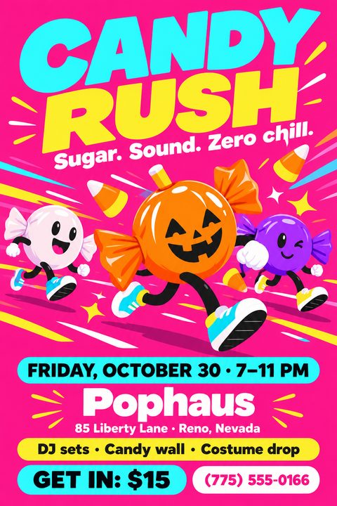 Bright neon pink Halloween party flyer featuring three cartoon candies with faces and sneakers running forward. Bold cyan and yellow text advertises a DJ event with a candy wall and costume drop.