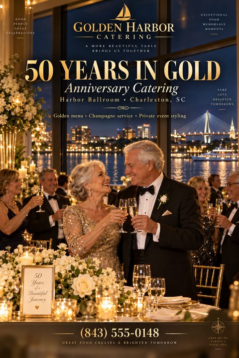 A flyer for Golden Harbor Catering, featuring an older couple toasting with champagne at a formal event overlooking a city skyline at night. The text promotes '50 Years in Gold Anniversary Catering'.