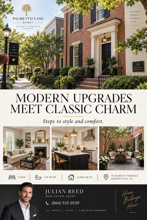 Elegant real estate flyer featuring a large photo of a brick townhouse, three smaller interior and patio photos, property details with icons, and a black footer with agent portrait and contact information.