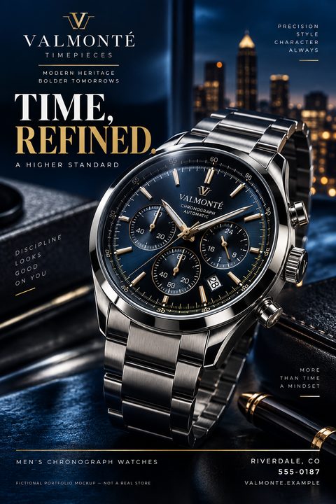 A luxury watch flyer featuring a close-up of a silver chronograph watch with a blue dial. The background shows a blurred city skyline at night. Text reads 'Time, Refined. A Higher Standard.'