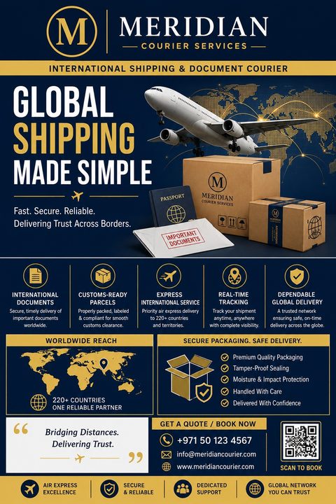 A professional navy blue and gold flyer for Meridian Courier Services. The headline reads 'Global Shipping Made Simple' next to an image of an airplane, cardboard boxes, a passport, and an envelope labeled 'Important Documents'. Below are icons.