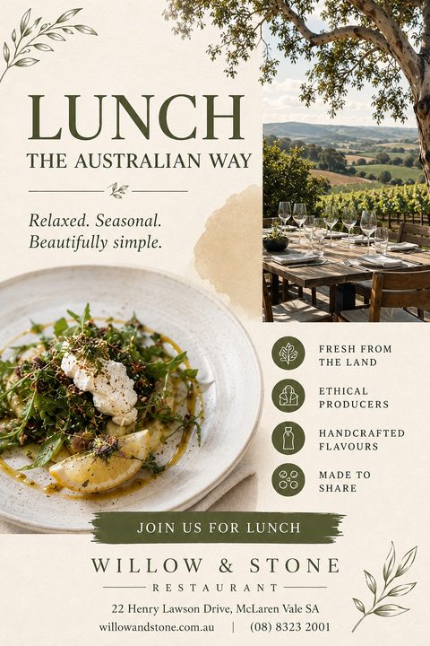 A rustic restaurant flyer on a beige background with olive green text and botanical illustrations. It features photos of a fresh salad and an outdoor dining table overlooking a scenic vineyard.