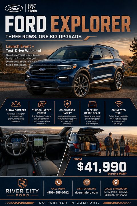A sleek automotive flyer featuring a dark blue SUV at sunset, feature icons with descriptions, interior dashboard and trunk loading photos, and a prominent price display over a dark background.