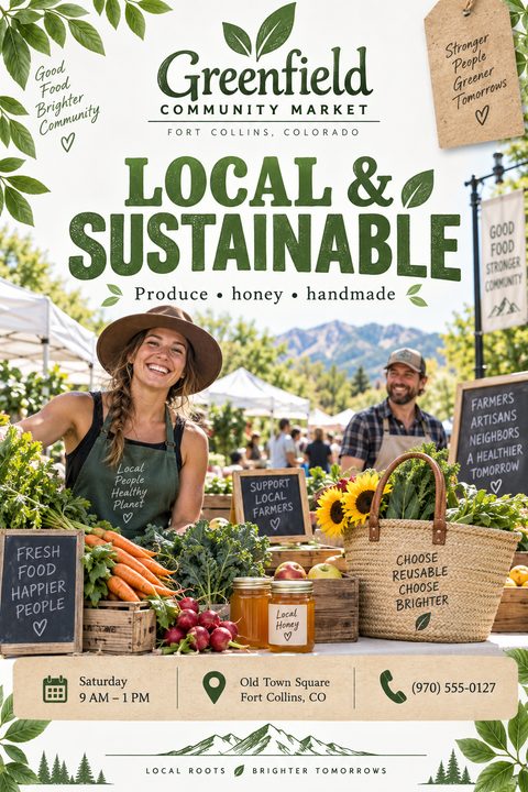 Flyer for a community market with a large photo of a smiling woman selling fresh vegetables and honey at an outdoor stall. The text reads 'Local & Sustainable' in large green letters.