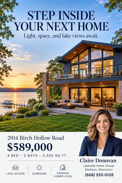 Real estate flyer featuring a large photo of a modern two-story house by a lake at sunset. Below is a white section with property details, price, icons, and a real estate agent's headshot.